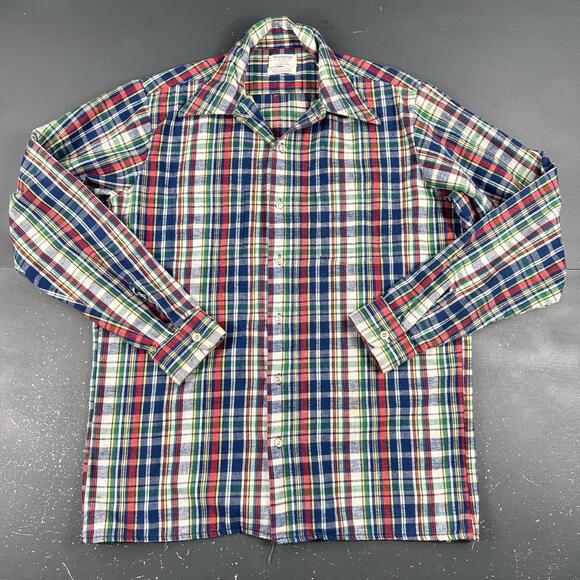 VTG 60's Flannel Shirt Mens LT Red Blue Winged Collar Striped Plaid Sovereign - Picture 2 of 8